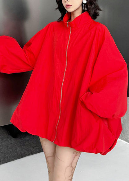 Black Stand Collar Pockets Trench Coats Lantern Sleeve