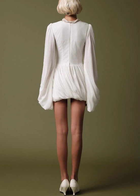 White Wrinkled Cotton Mini Dresses Lantern Sleeve