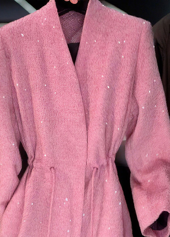 Pink V Neck Sequins Drawstring Coat Fall