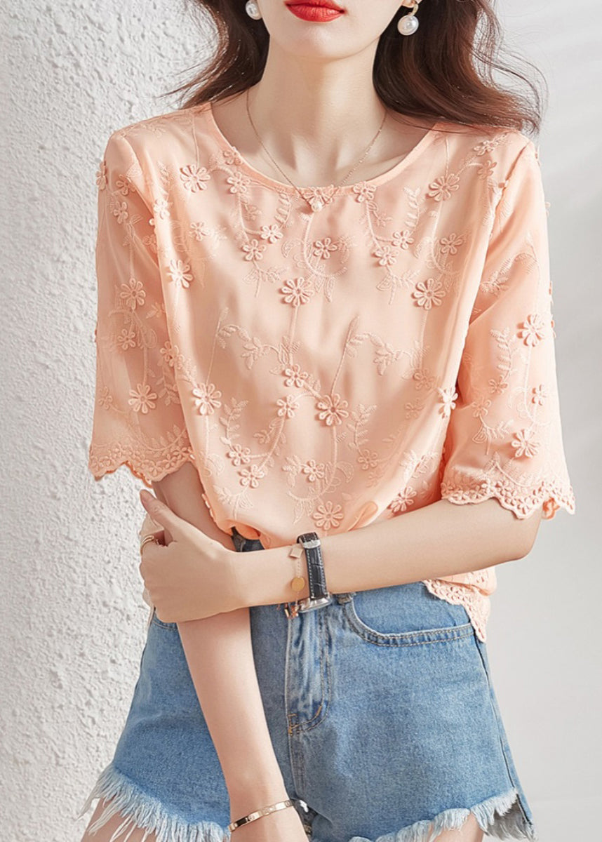 Vogue O-neck Embroidered Chiffon Shirt Short Sleeve