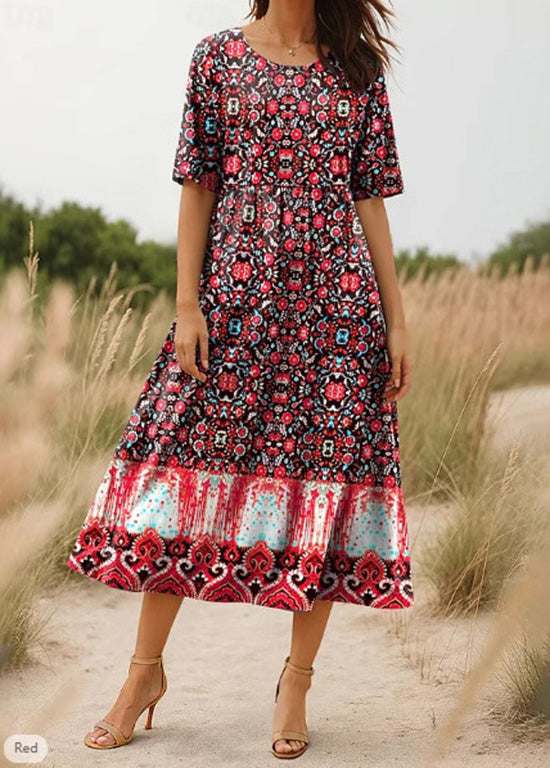 Red O Neck Print Cotton Long Dress Summer