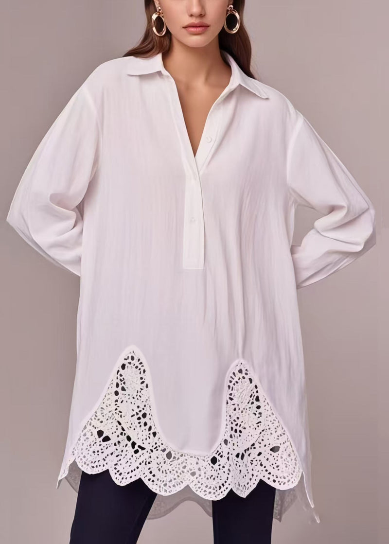 Stylish White Oversized Patchwork Cotton Long Shirts Spring