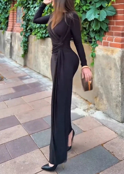 Black O Neck Slim Fit Cotton Maxi Dresses Fall