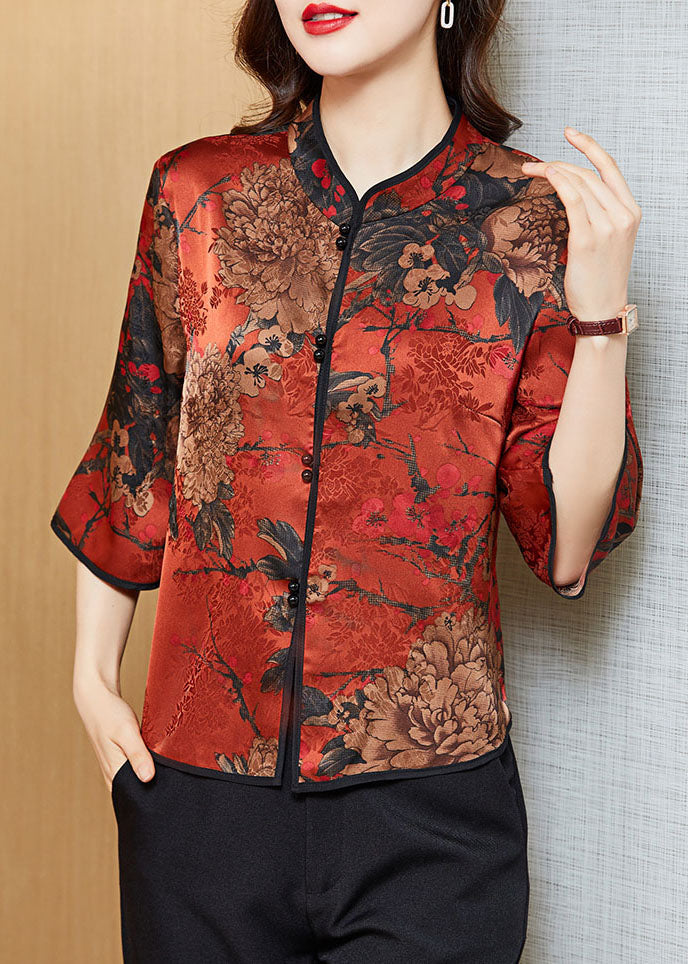 Red Mandarin Collar Print Silk Shirt Tops Half Sleeve
