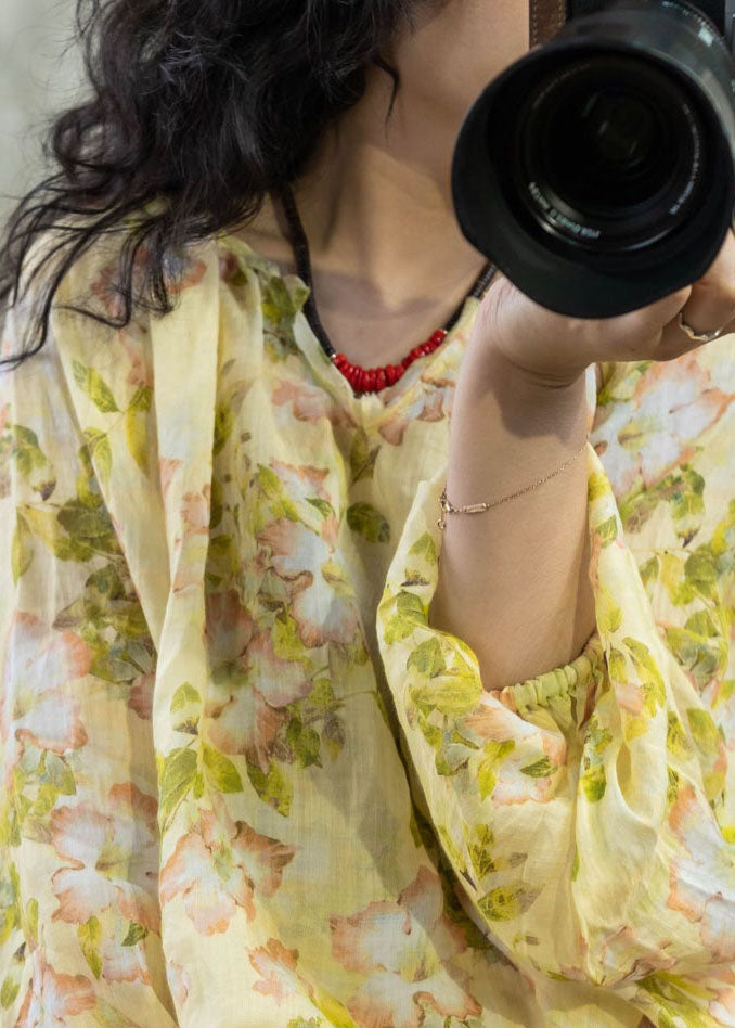 Yellow O Neck Print Linen Shirt Tops Lantern Sleeve