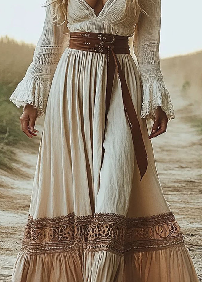 Beige V Neck Patchwork Cotton Long Dresses Flare Sleeve