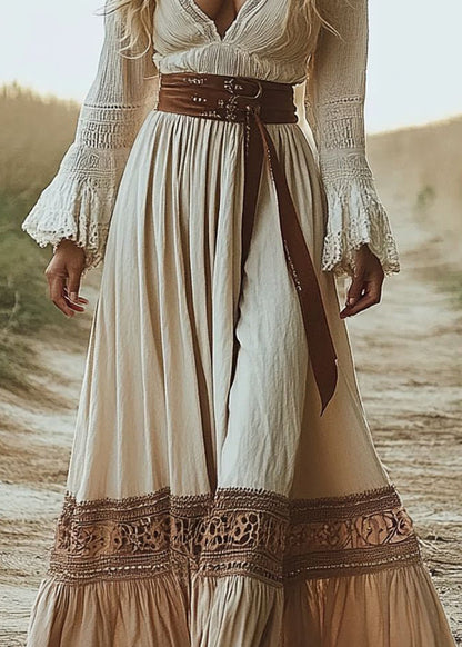 Beige V Neck Patchwork Cotton Long Dresses Flare Sleeve