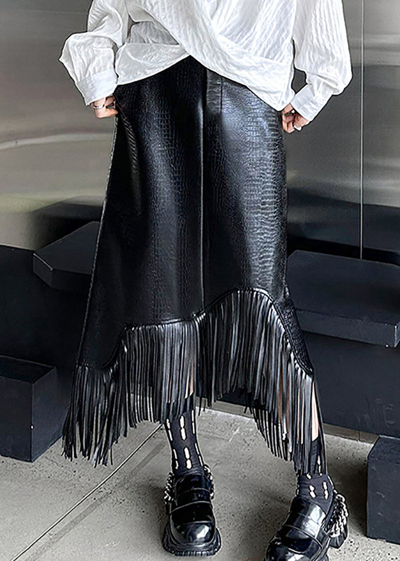 Black High Waist Tassel Patchwork Faux Leather a Line Skirt Fall