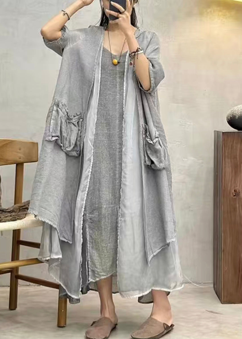 Grey Pockets Patchwork Cotton Long Cardigan Summer