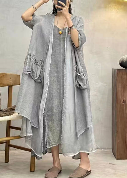 Grey Pockets Patchwork Cotton Long Cardigan Summer