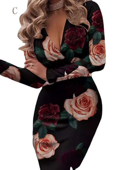 Slim Fit V Neck Print Long Sleeve Dress