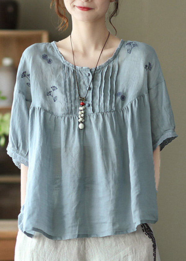 Light Blue Grey Button Linen Tops Half Sleeve