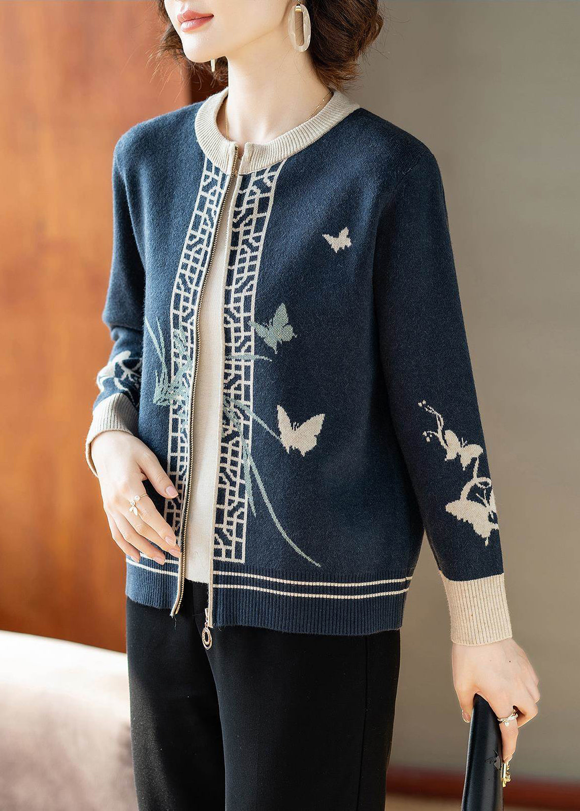 Blue O-neck Print Knitted Cotton Cardigans Fall