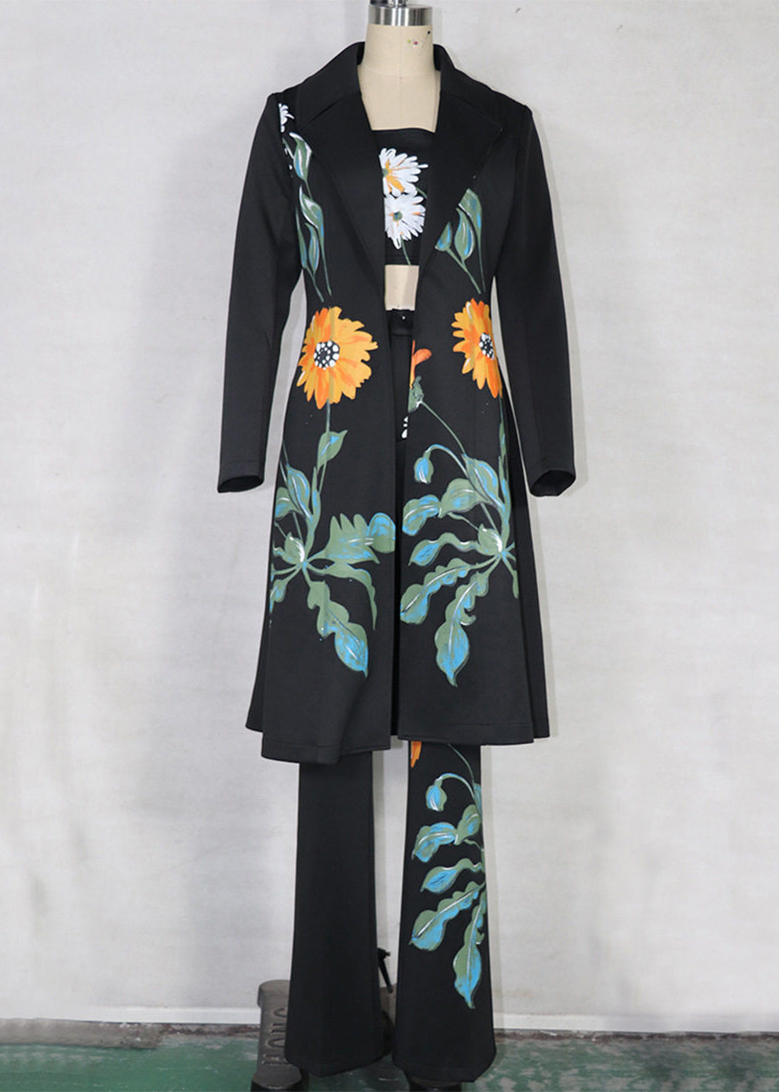 Black Notched Print Coats ,tube Top and Pants Three Pieces Set Spring