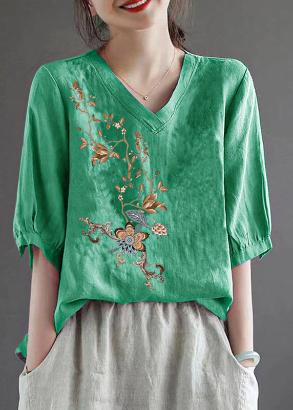 Green Flower V Neck Embroidered T Shirt Half Sleeve