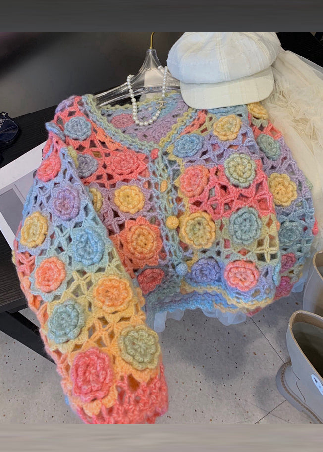 Handmade Rainbow V Neck Hollow Out Knit Cardigan Fall