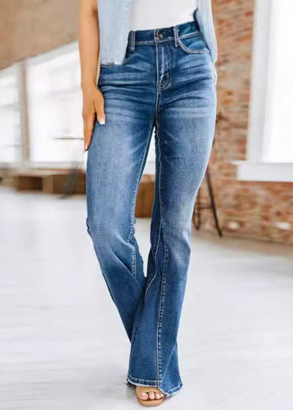 Fine Blue Pockets Original Design Denim Flared Trousers Spring