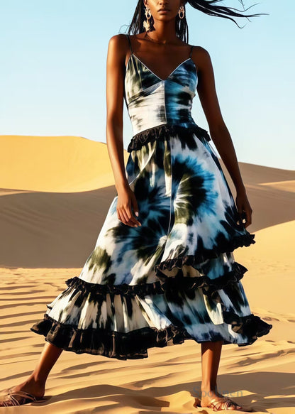 Ruffled Patchwork Tie Dye Cotton Cami Dress Summer