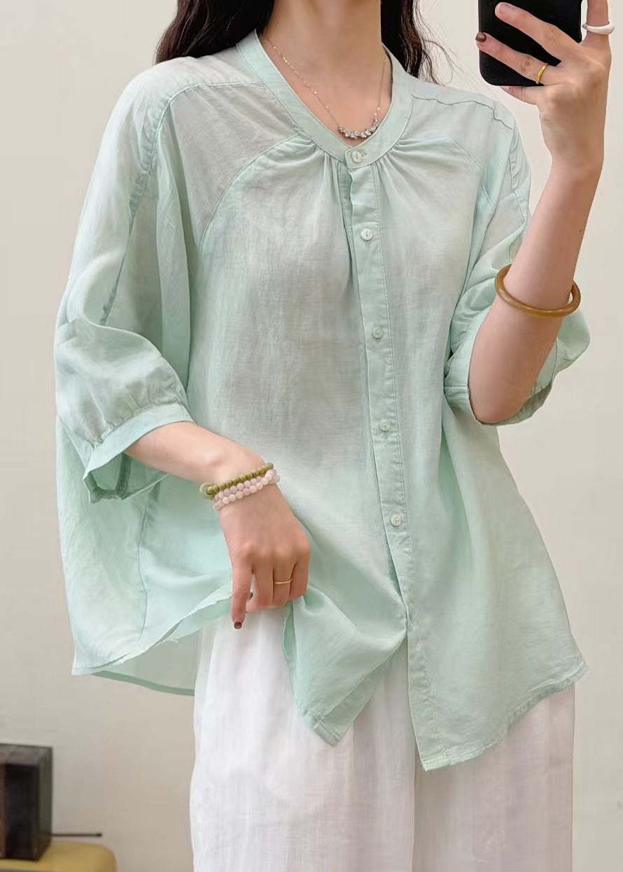 Light Green Linen Top Oversized Wrinkled Half Sleeve