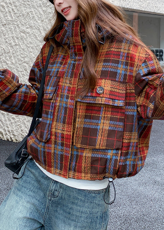 Red Hooded Plaid Rabbit Wool Lined Coat Winter