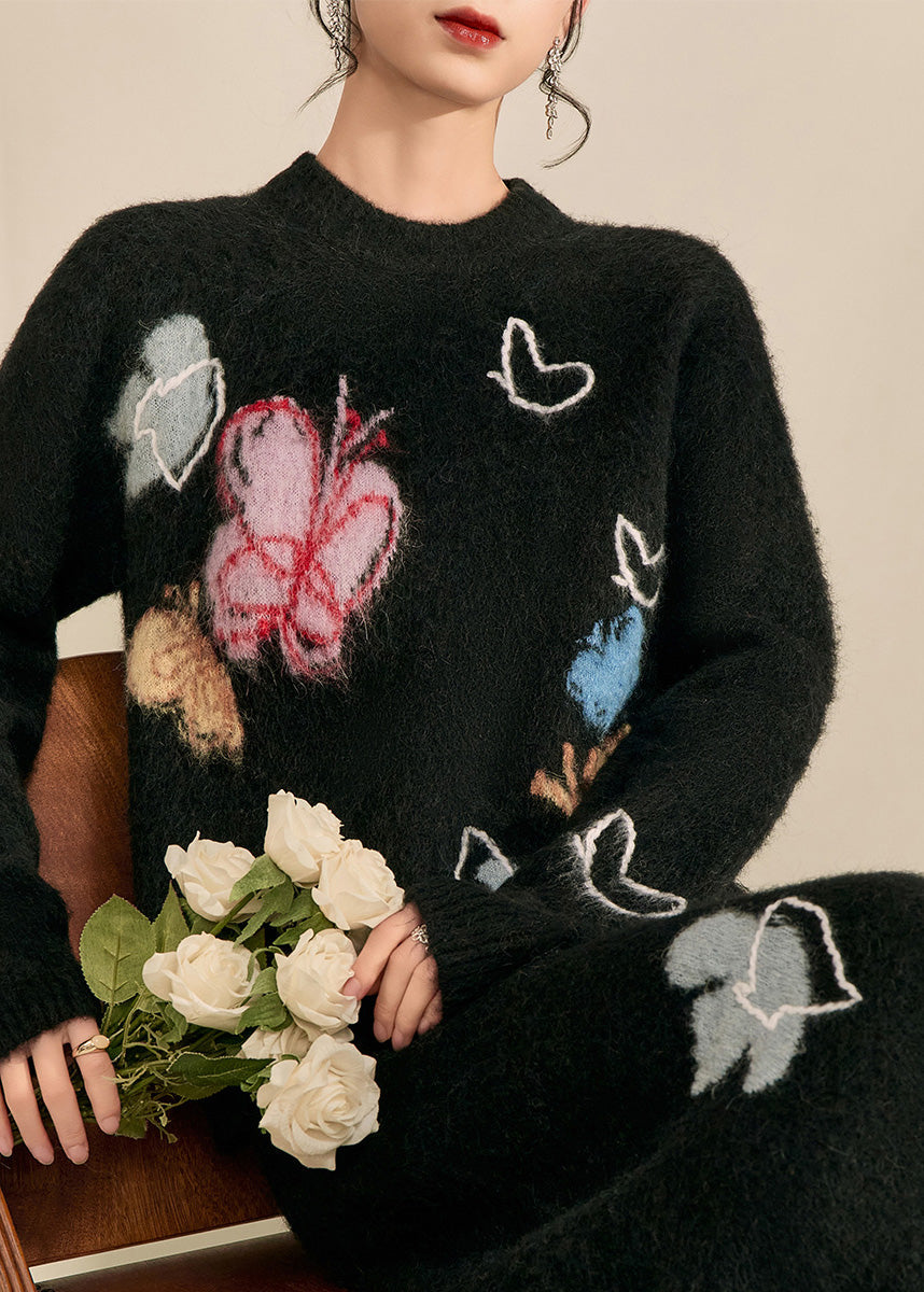 Simple Black Stand Collar Print Butterfly Cozy Cotton Knit Sweater Tops Spring