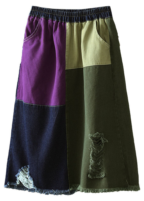 Colorblock Elastic Waist Pockets Patchwork Hole Cotton Denim Skirts Fall