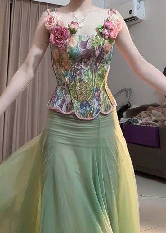 Green Tops and Skirts Tulle Two Pieces Set Summer
