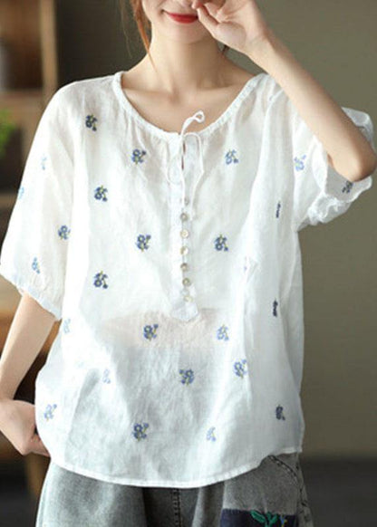 Simple White Embroidered O-neck Summer Ramie Tops Half Sleeve