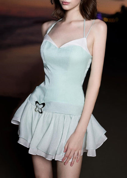 Green V Neck Zippered Patchwork Cotton Spaghetti Strap Dress Sleeveless