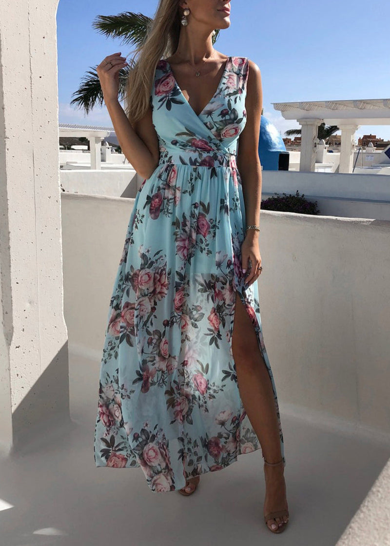 New Light Blue V Neck Print Side Open Chiffon Dresses Sleeveless
