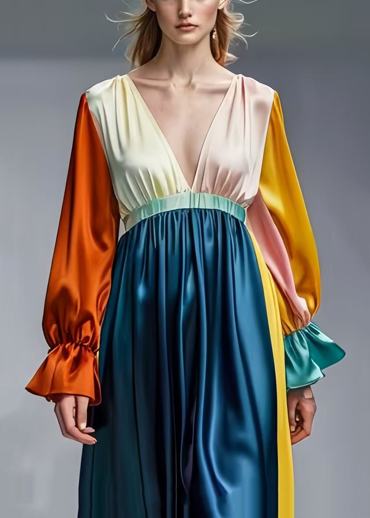 French Colorblock Deep-v Neck Patchwork Draping Silk Dress Spring