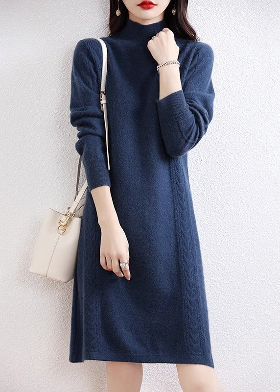 Navy Turtleneck Wool Knit Sweater Dress Fall