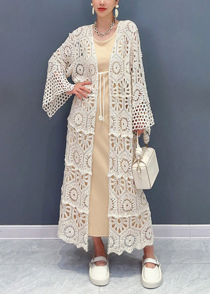 Apricot V Neck Hollow Out Long Lace Cardigan Fall