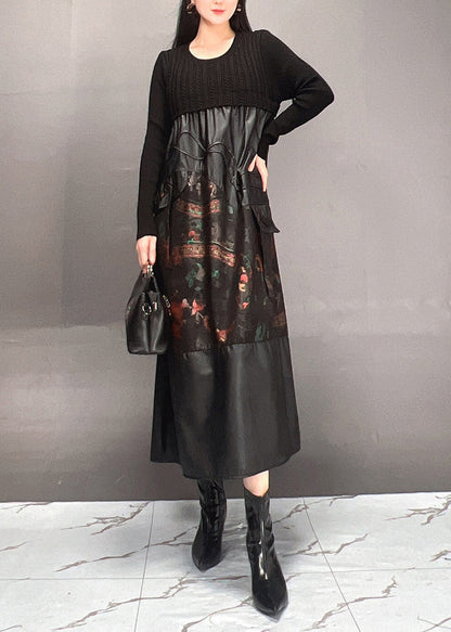 Black Print Patchwork Wrinkled Maxi Dress Fall