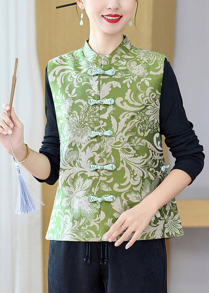 Green Stand Collar Print Button Silk Waistcoat Sleeveless