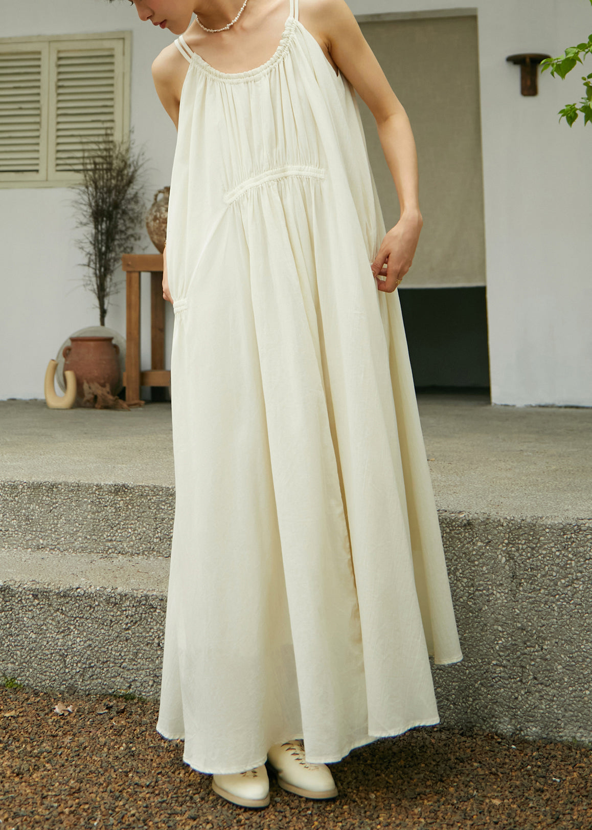 Dark Grey Wrinkled Cotton Spaghetti Strap Dress Sleeveless