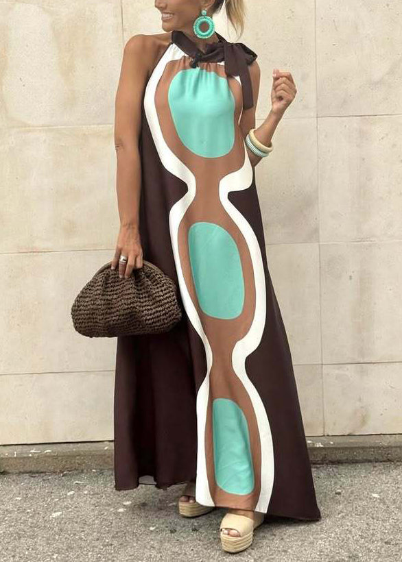 Coffee Lace Up Print Cotton Long Dresses Sleeveless