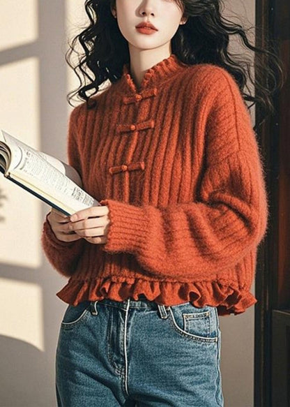 Orange Ruffled Button Cozy Cotton Knit Coat Fall