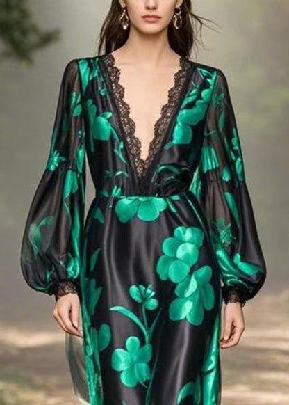 Loose Black V Neck Print High Waist Silk Long Dress Spring