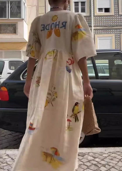 Unique White V Neck Print Button Cotton Long Dresses Summer