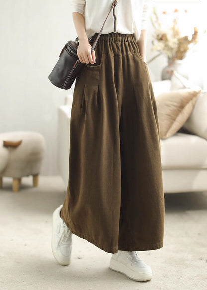 Red Pockets Elastic Waist Cotton Wide Leg Pants Spring