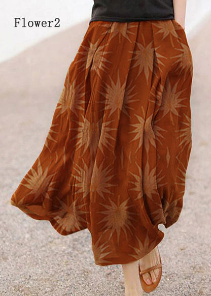 Retro Chocolate-flower3 Print Pockets Linen Skirt Summer