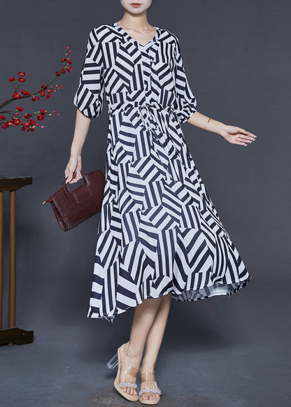 Black Cinched Striped Chiffon Dress Summer