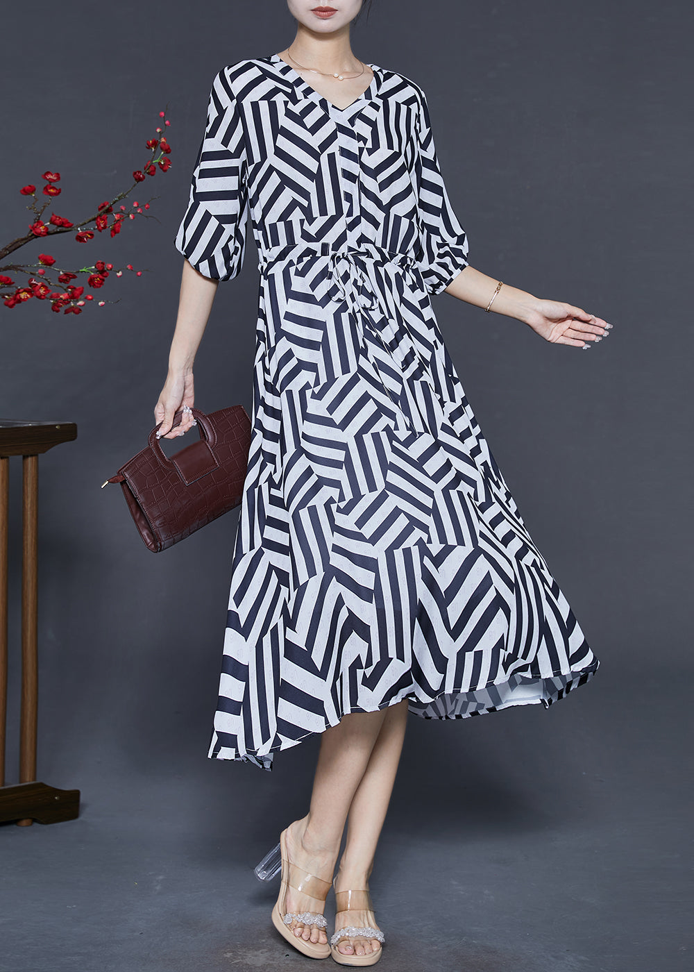 Black Cinched Striped Chiffon Dress Summer