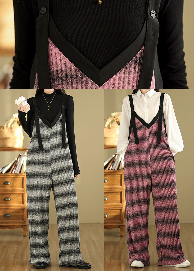 Grey Oversized Striped Cotton Overalls Jumpsuit Summer
