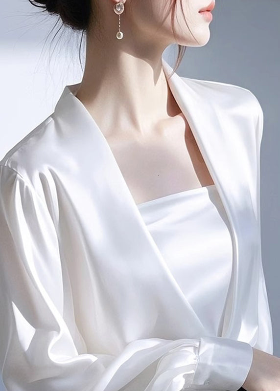Classy White V Neck Satin Shirt Spring