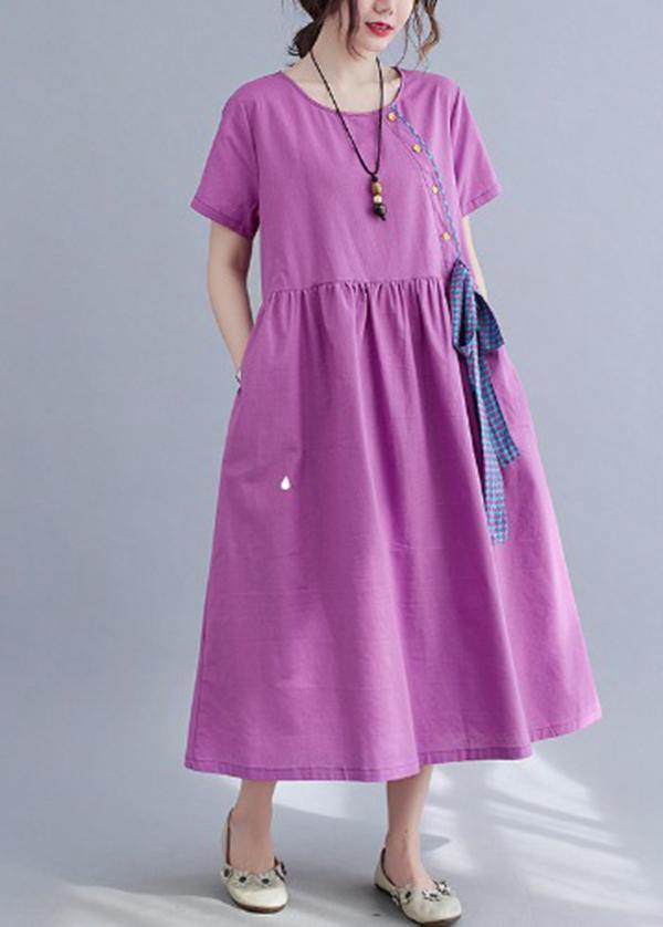 Natural Purple O-neck Linen Summer Cotton Dress
