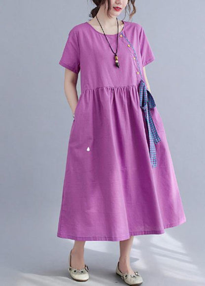 Natural Purple O-neck Linen Summer Cotton Dress