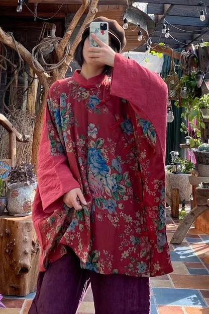 -retro Cotton Linen Big Red Flower Slanting Shirt