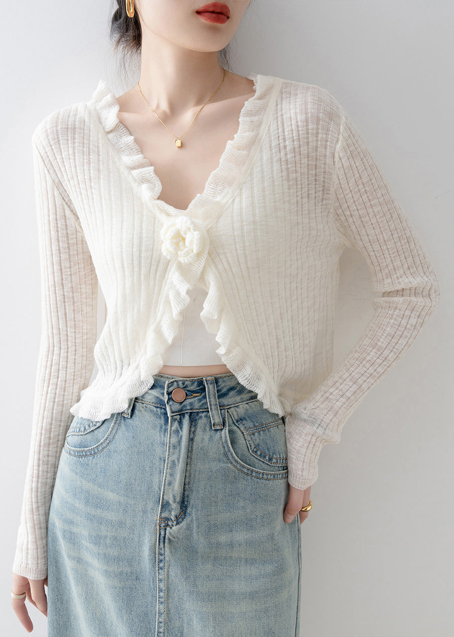 French Black V Neck Ruffled Knit Cardigan Spring